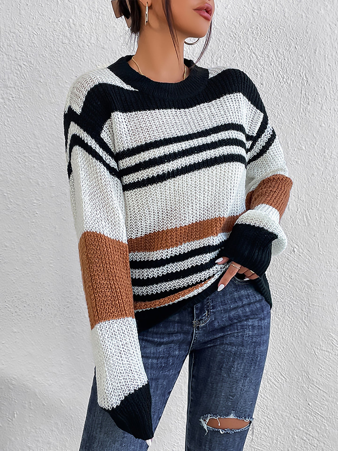 Women's Pullovers Mixed Color Stripes Cardigan