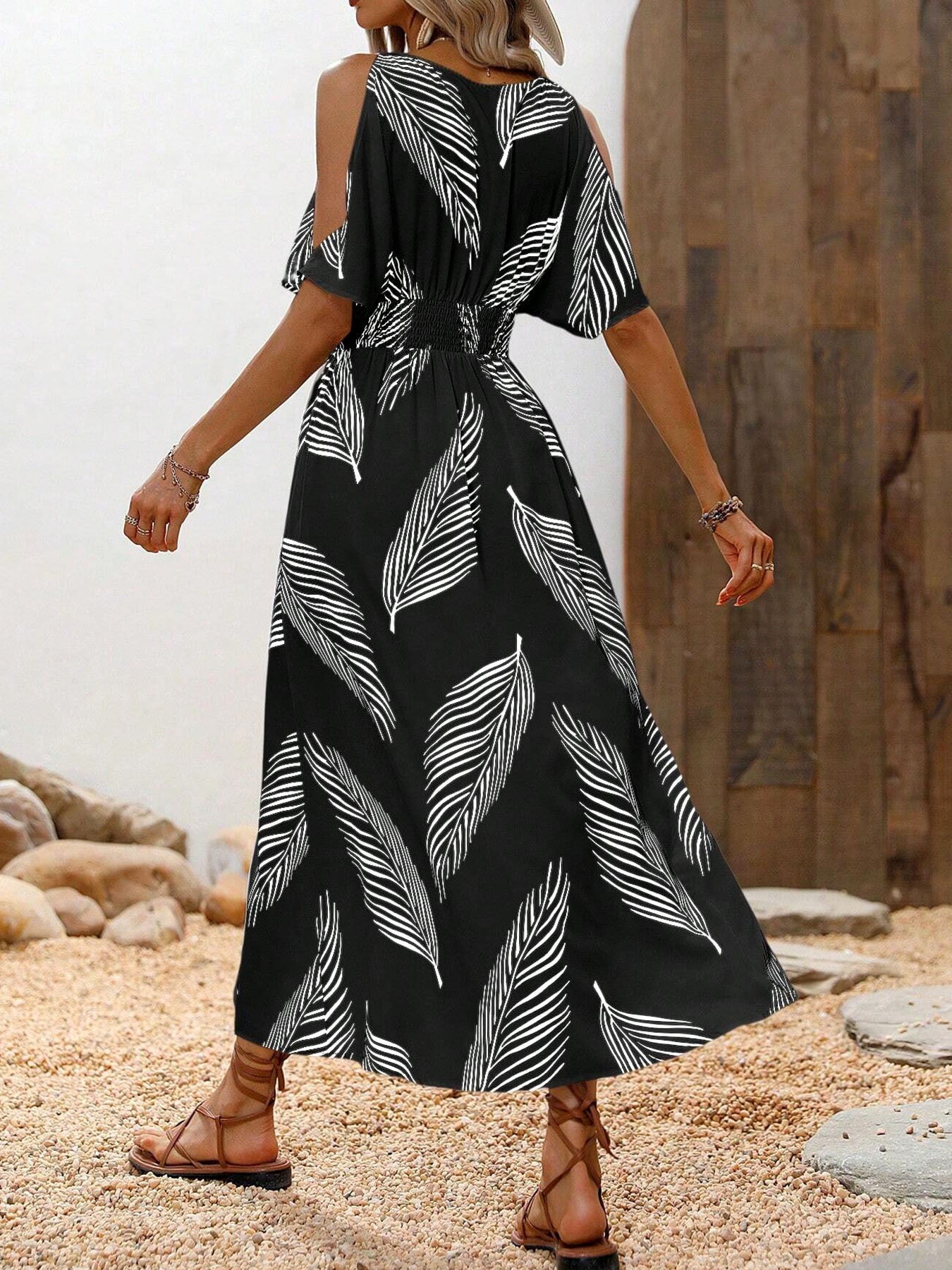 V-Neck Printed Off-Shoulder Maxi Dress - US Only