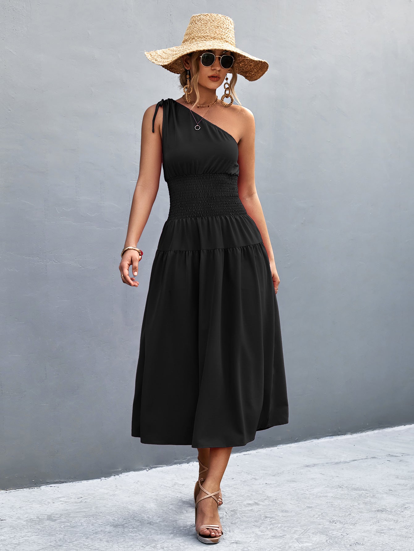 Slant-Shoulder Smocking Dress - European & American Style