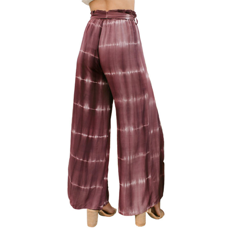 Lace-Up Tie-Dye Print Wide-Leg Trousers for Women