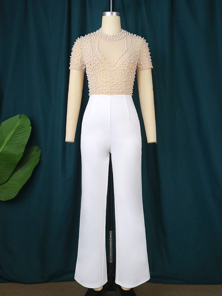 Round-Neck Short-Sleeved Beaded Jumpsuit