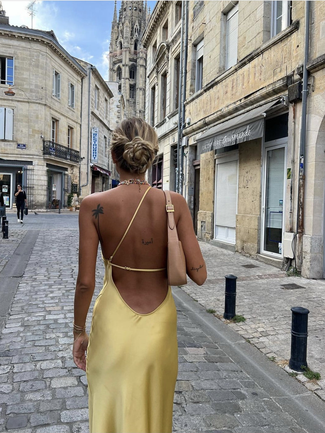 French-Style Satin Backless Long Dress