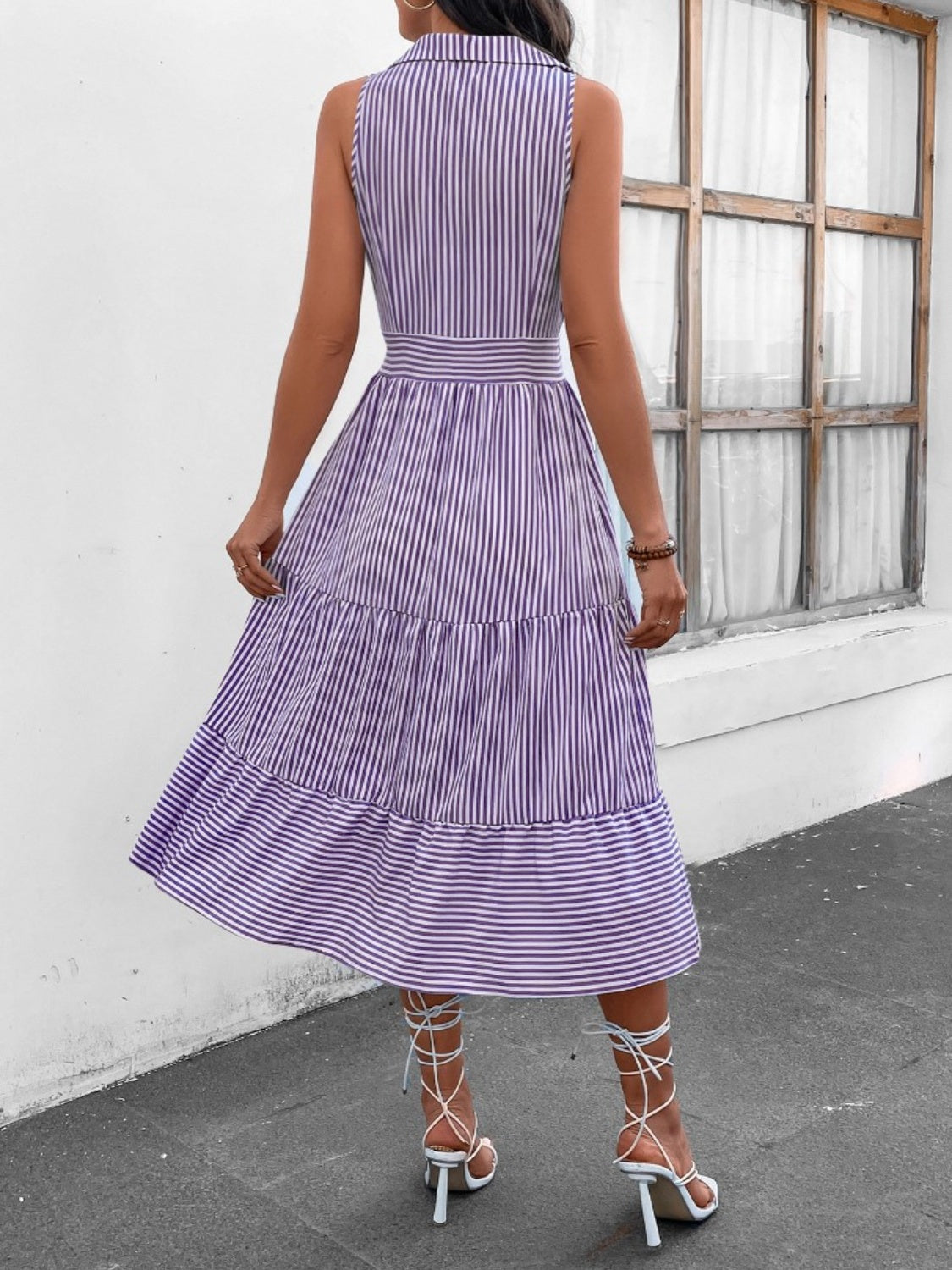 Striped Johnny Collar Sleeveless Midi Dress - US Only