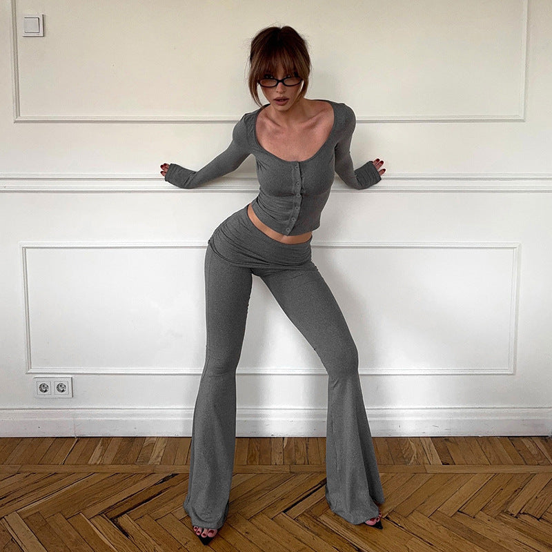 Long-sleeve Button-up Cardigan And Flared Fold-over Long Pants Casual Set
