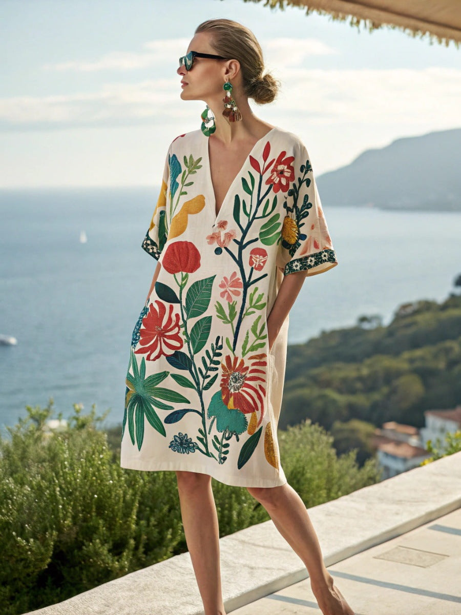 Loose Printed V-Neck Casual Holiday Dress