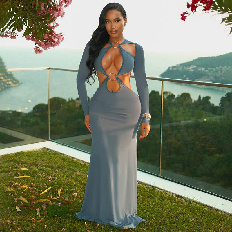 Hollow Long-Sleeve slim Fishtail Maxi Dress