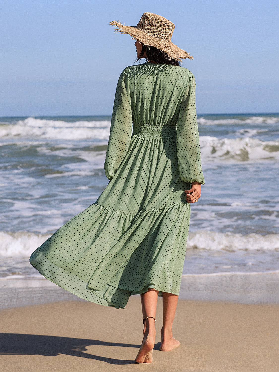 Embroidered Polka Dot Tie-Neck Long-Sleeve Midi Dress - US only