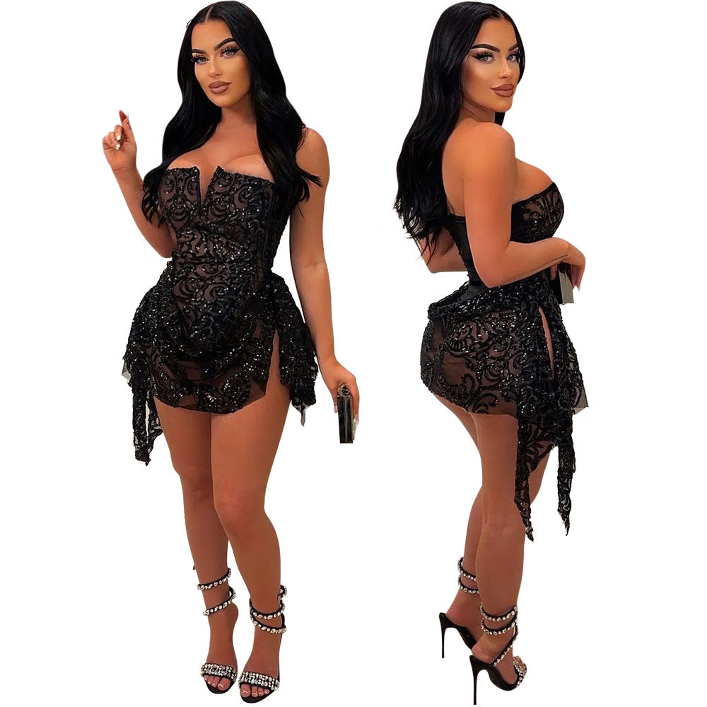 Tube-Top See-Through Sequins Mini Dress