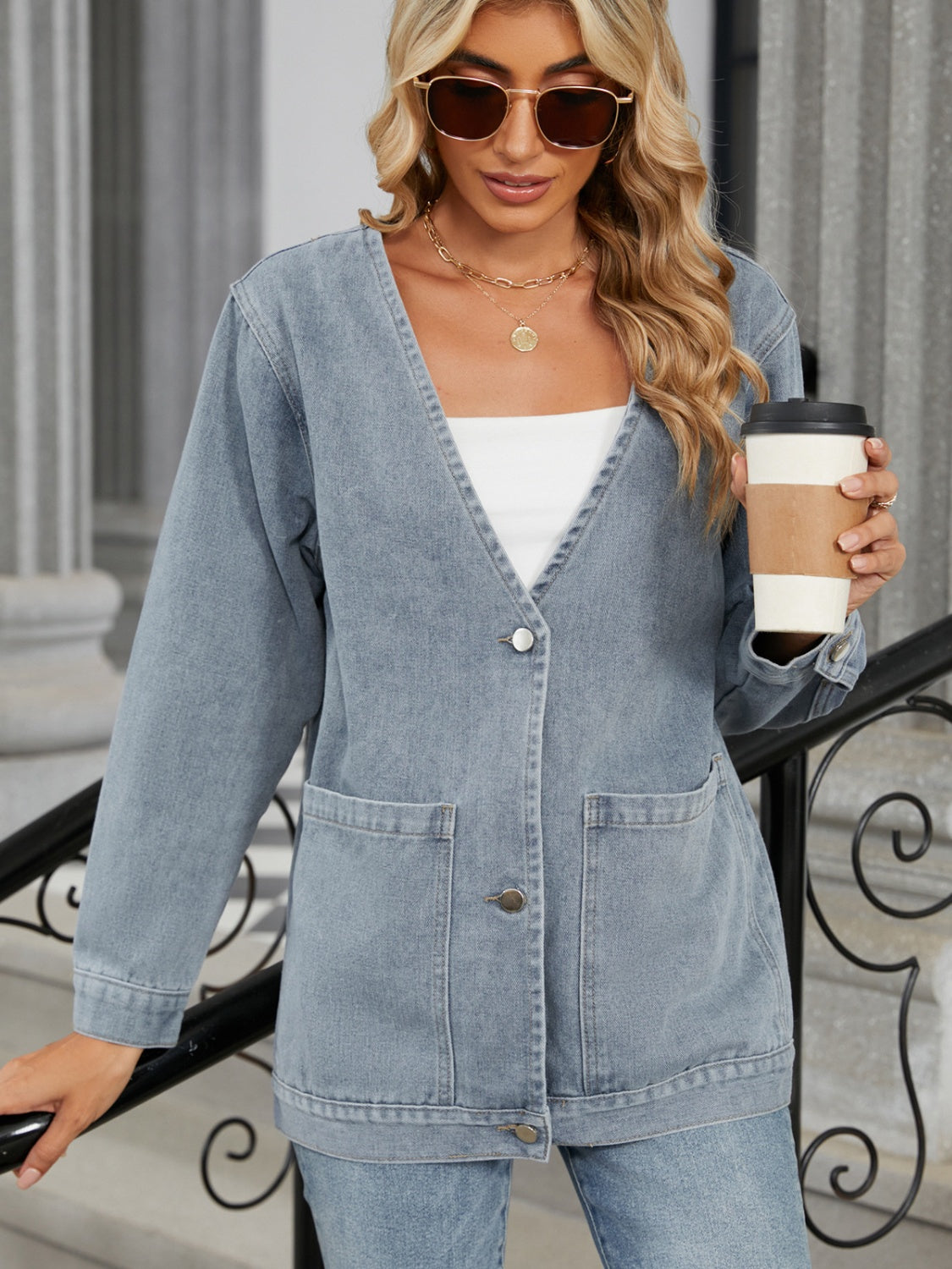Pocketed V-Neck Button-Up Denim Jacket - US Only