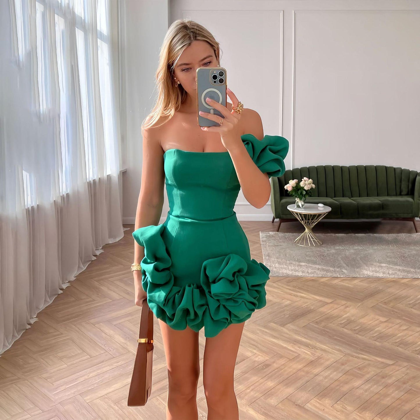 Ruffled Flower Bud Mini Dress