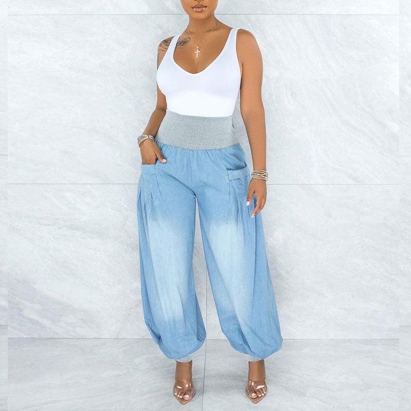 Thin Loose Wide-Leg Harem Pants - Elastic-Waist Denim Trousers For Women