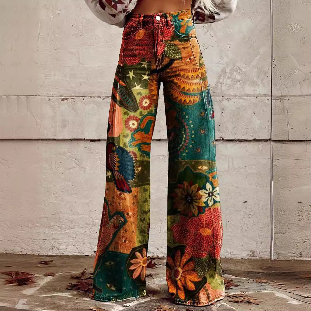 Women's 3D Printed Denim Wide-Leg Pants