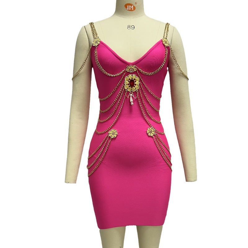 Gold Chain Bandage Evening Mini Dress