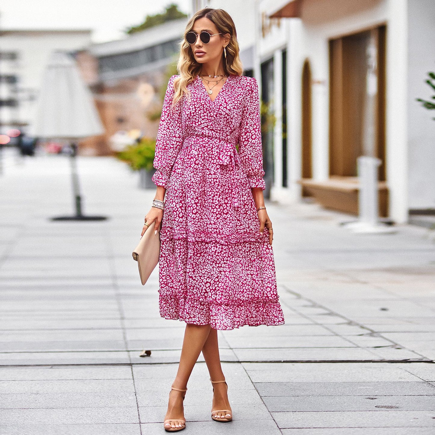 Elegant V-Neck 3/4 Sleeve Tie-Shoulder Floral Midi Dress
