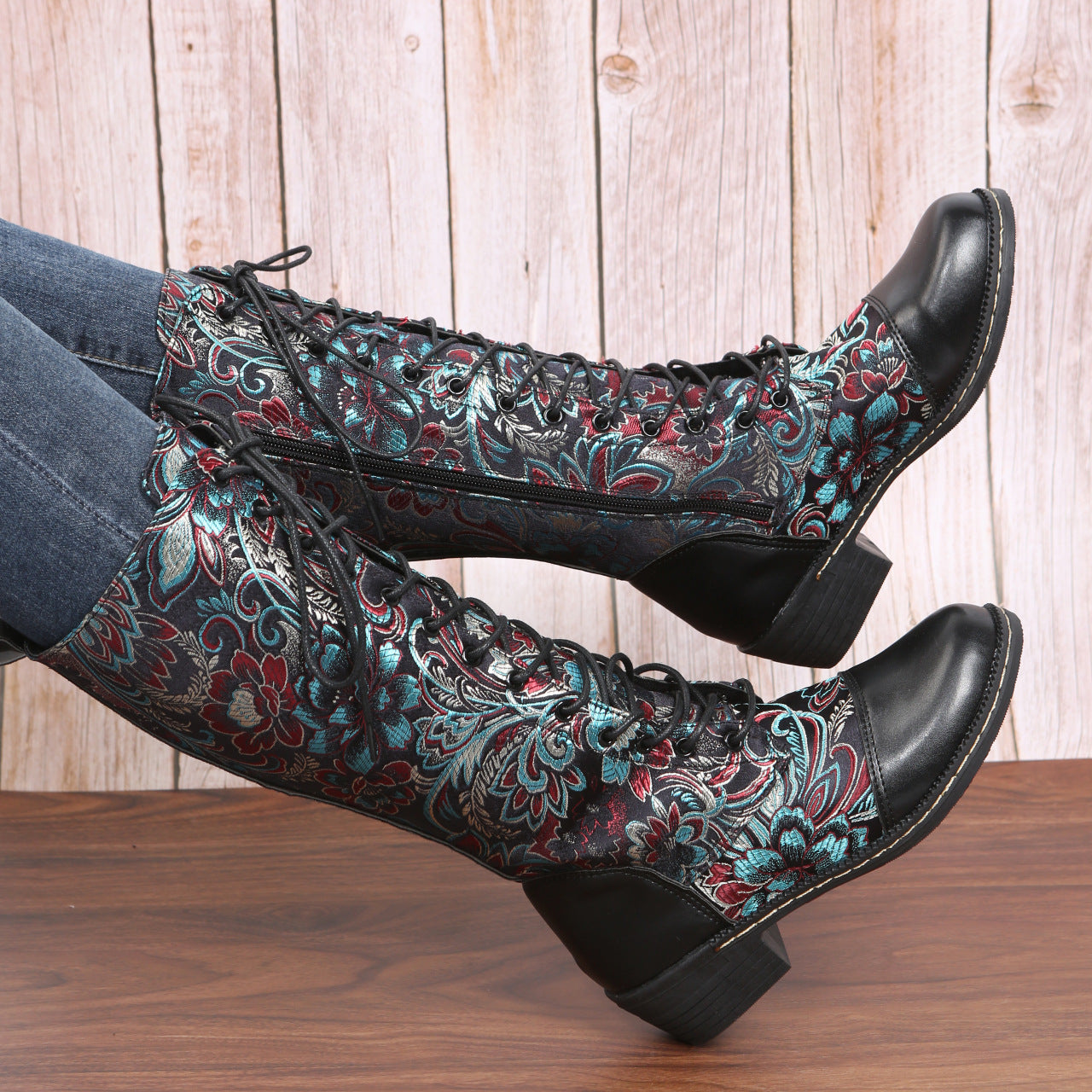 Flowers Print Long Lace-Up Heeled Boots For Women