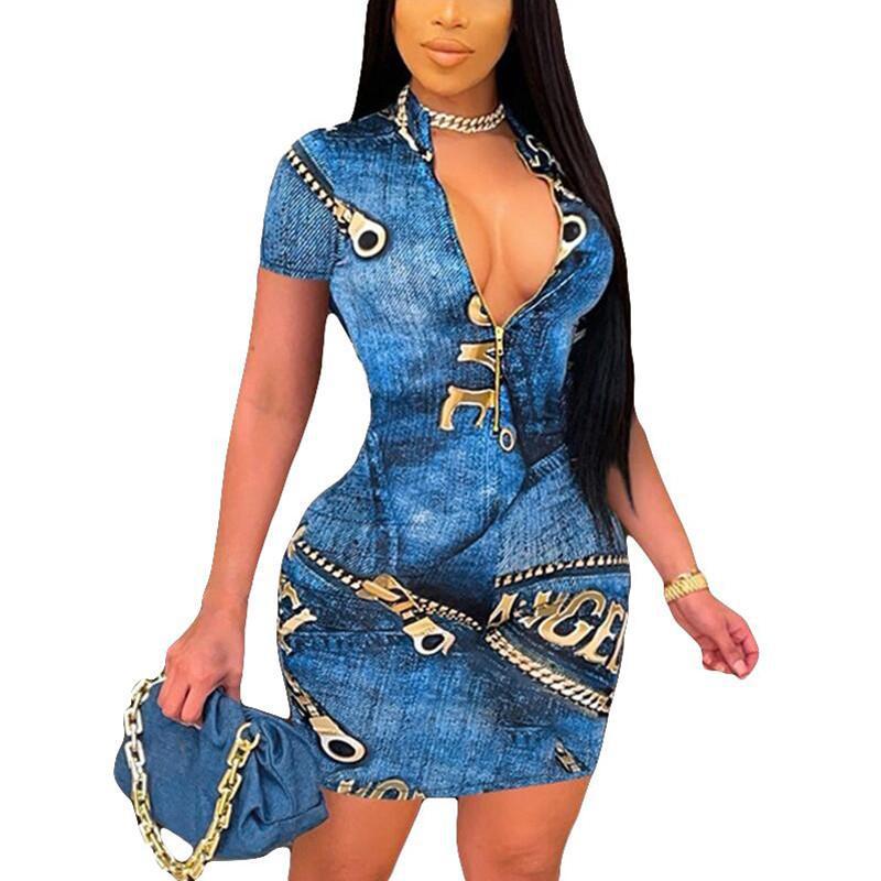V-Neck Zipper Printed Short-Sleeved Hip Dress