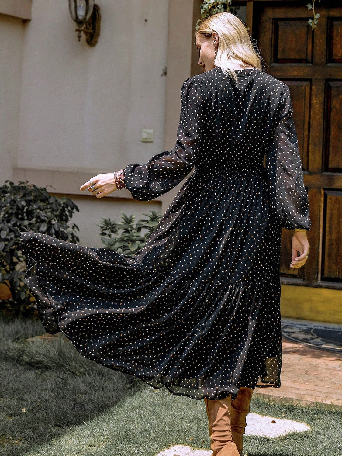 Embroidered Polka Dot Tie-Neck Long-Sleeve Midi Dress - US only