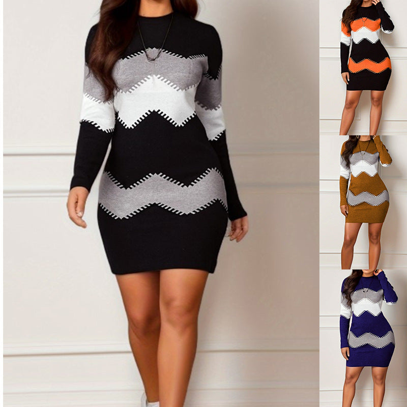 Long-Sleeve Printed Knitted Sheath Dress
