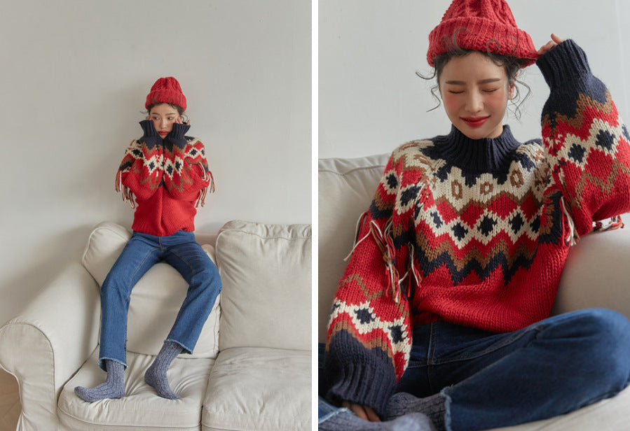 Contrast-Colour Dotted Tassel Pullover Thick Sweater