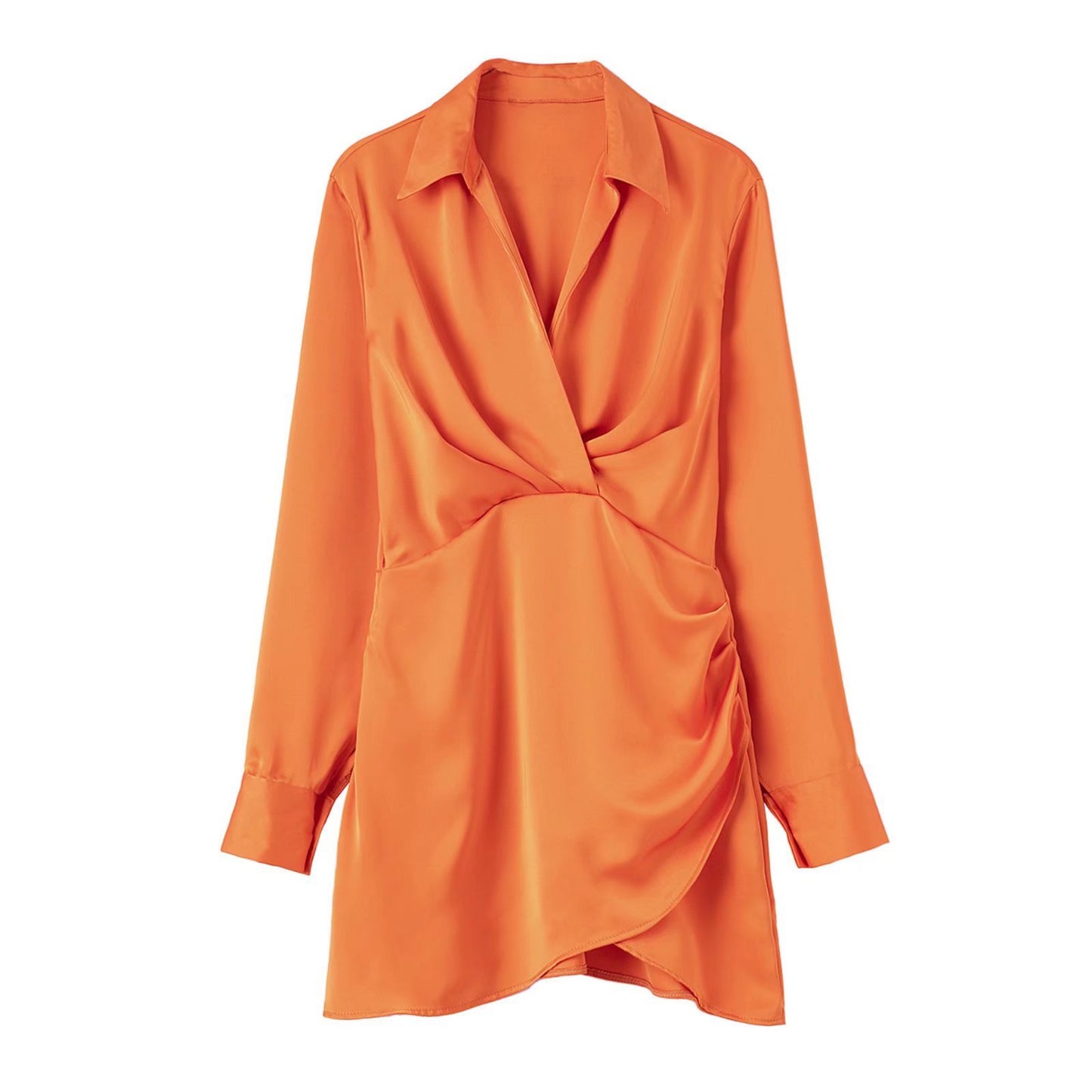 European & American Style Silk Satin Texture Waist Shirt Dress