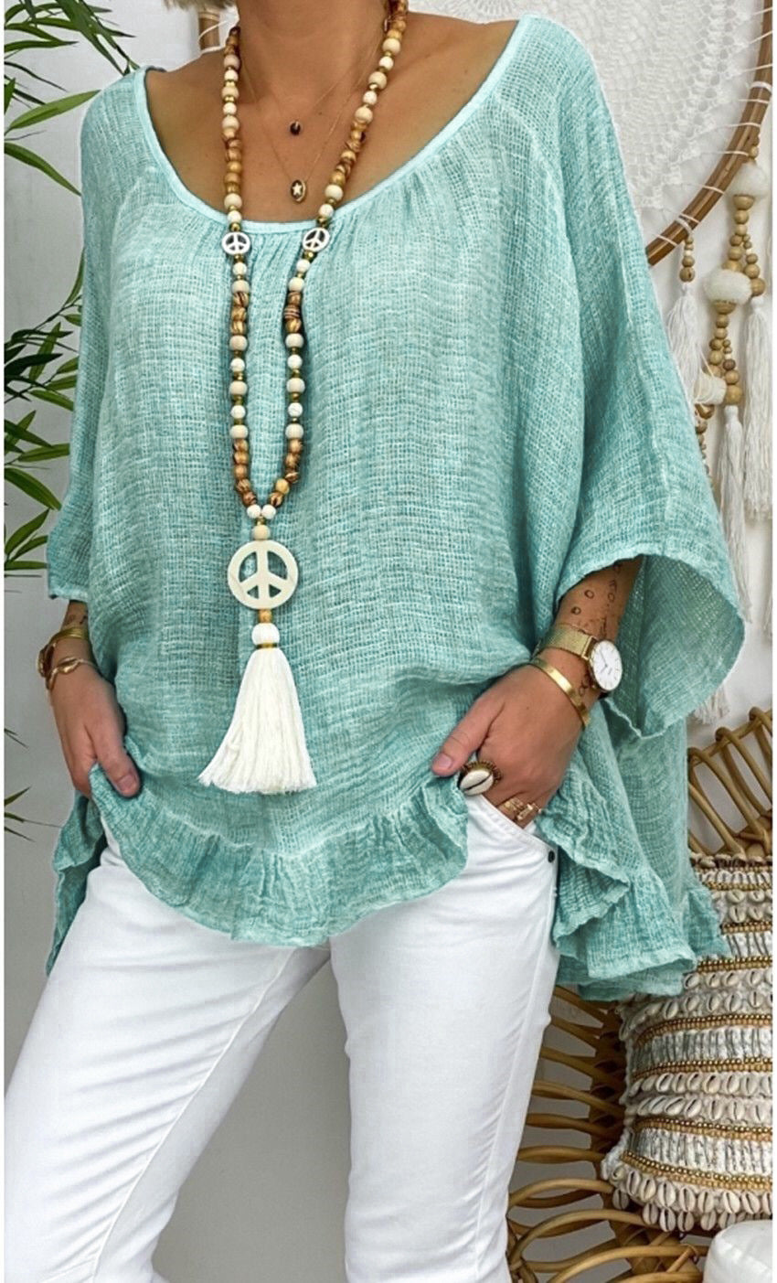 Round-Neck Ruffled Solid-Colour Loose Top