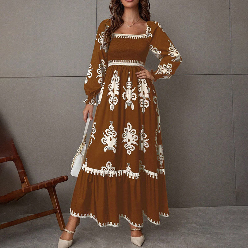 Elegant Retro Geometric Print Lantern-Sleeve Dress - US Only