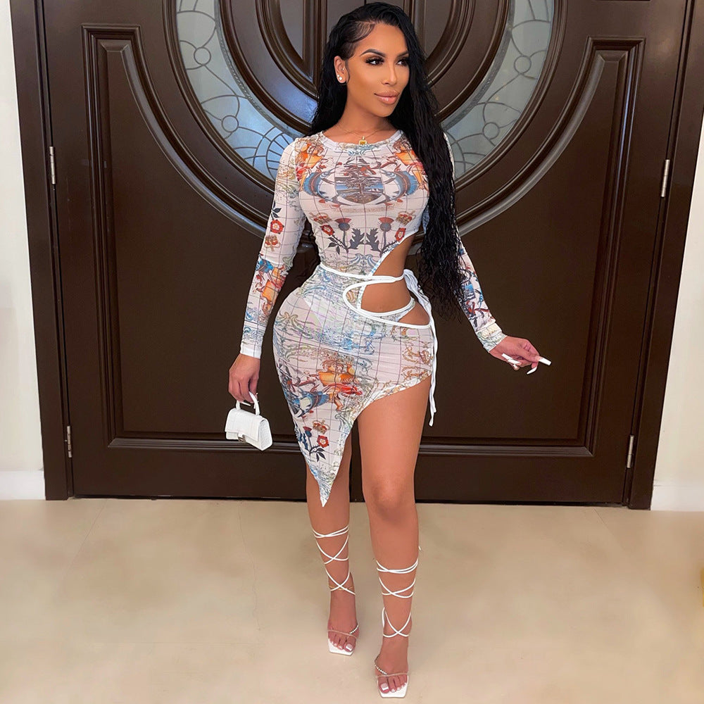 Hollow-Out Mesh Printed Dress