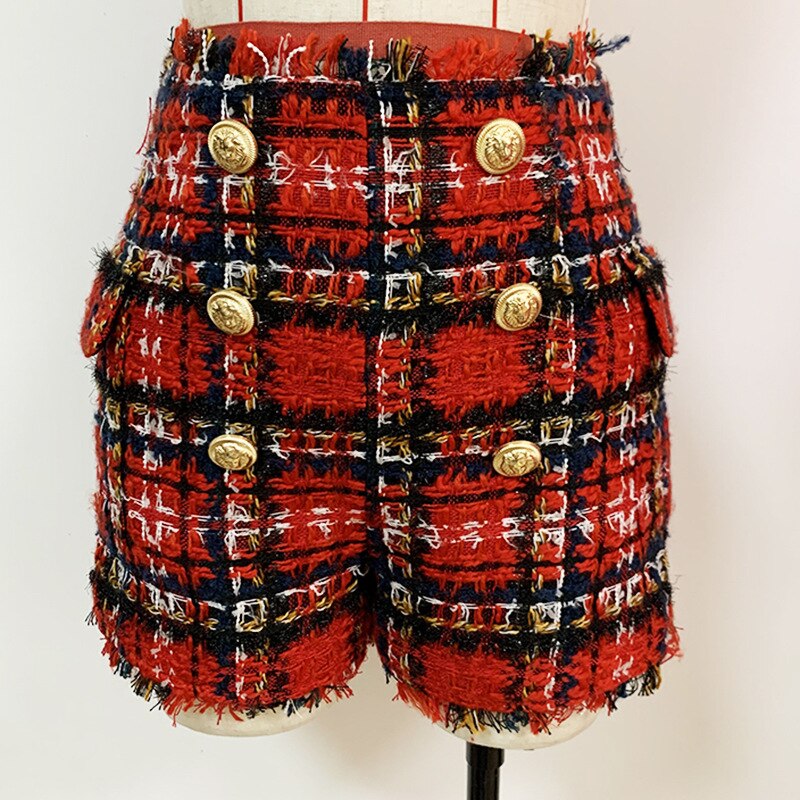 Buttoned Red-and-Black Blaid Tweed Shorts For Women