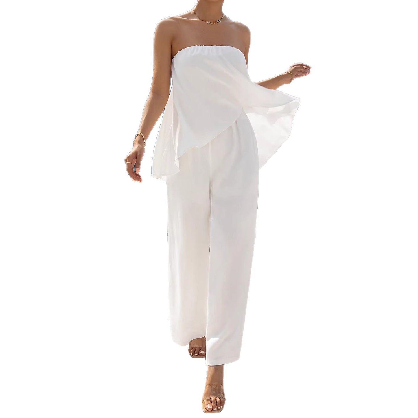 Summer Casual Asymmetrical Tube Top Jumpsuit With Flared Skirt