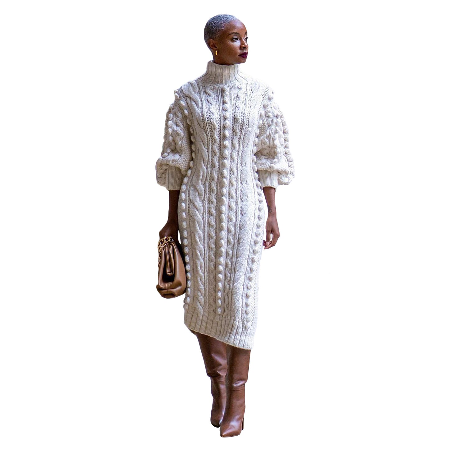 Turtleneck Slit Knitted Long Dress