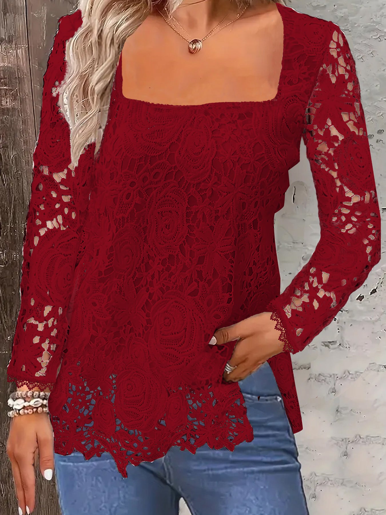 Long-Sleeve Square-Neck Floral Top