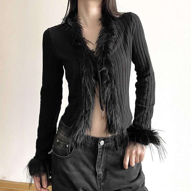 Knitted Plush Lace-Up Waist-Tight Navel-Out Top