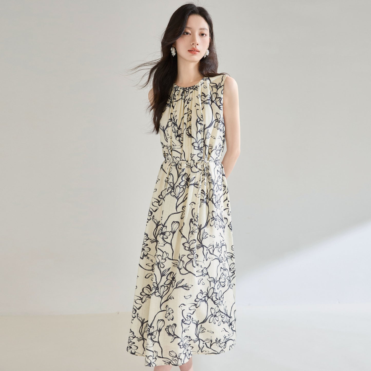 Printed Loose Round Neck Vacation Style Sleeveless Dress
