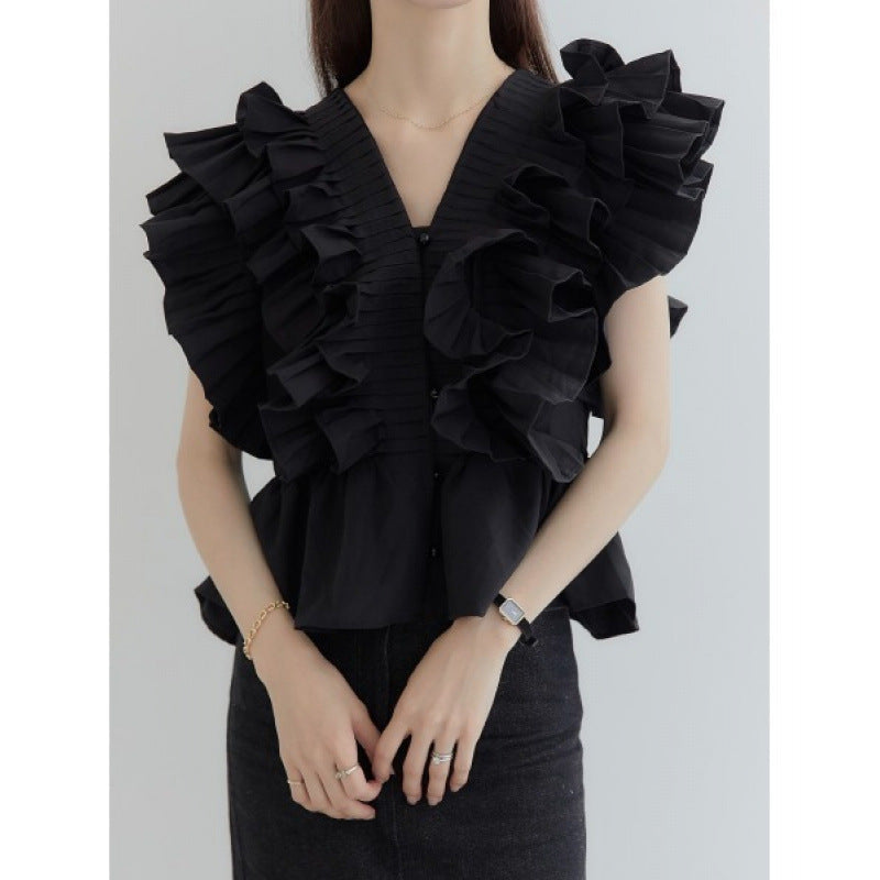 Single-breasted Ruffled Pleated Short Blouse