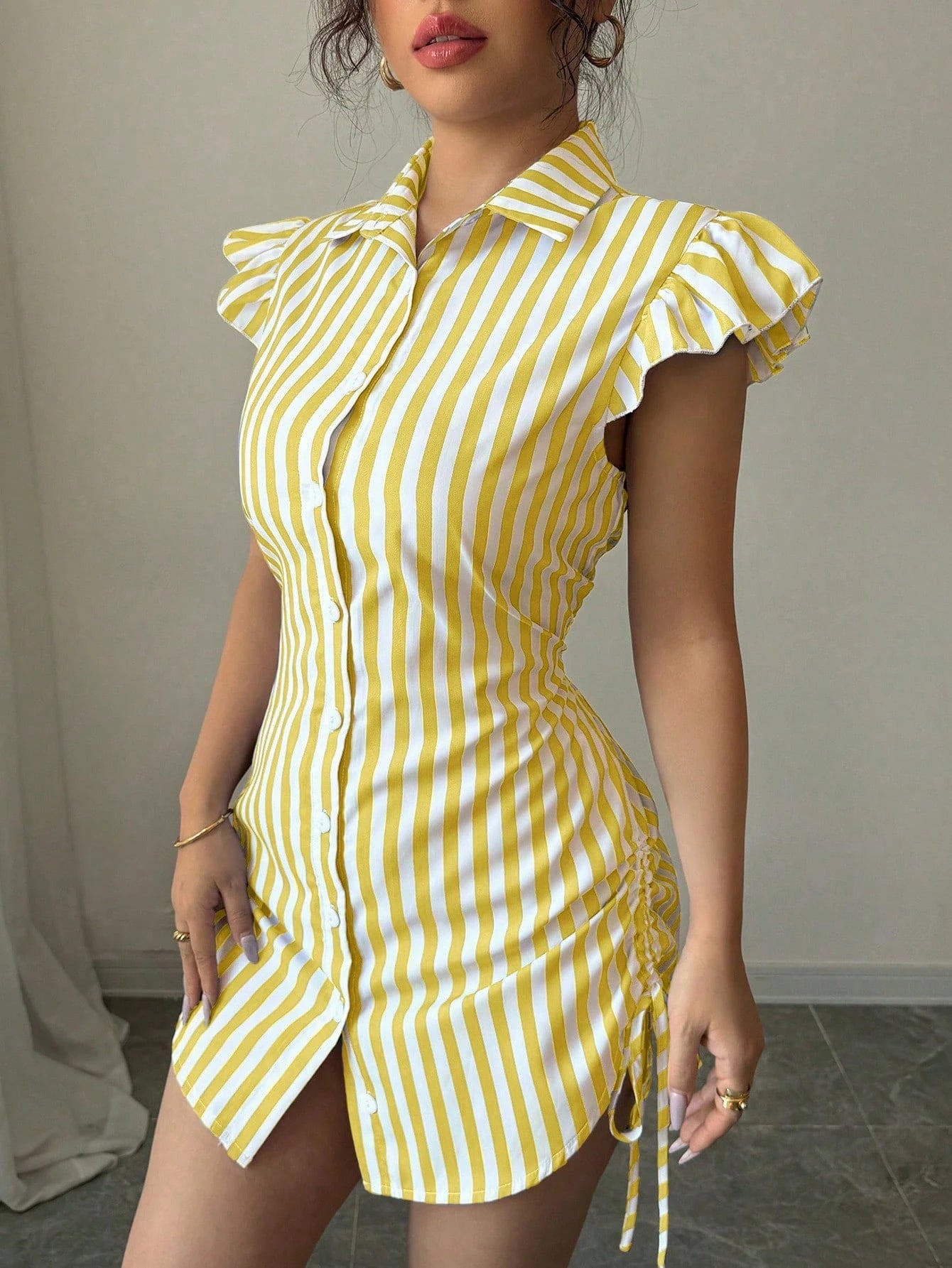 Striped Shirt-collar Casual Waist-cinched Chic Dress