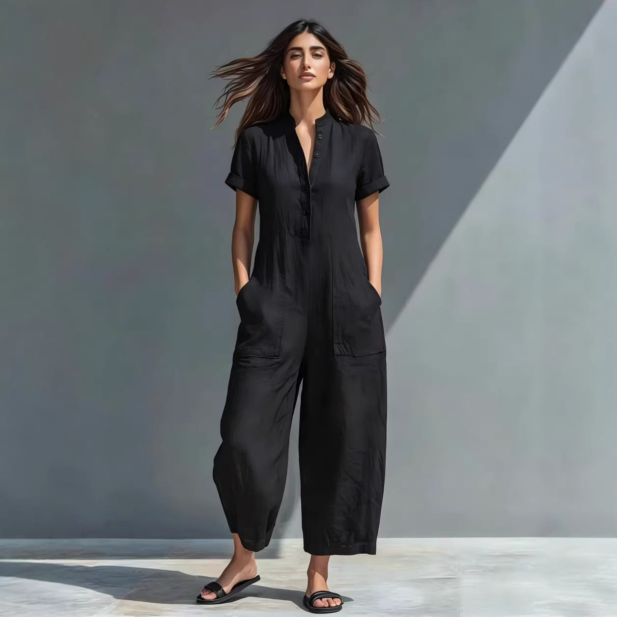 Simple Linen-blend Buttoned Stand Collar Short-sleeve Loose Jumpsuit