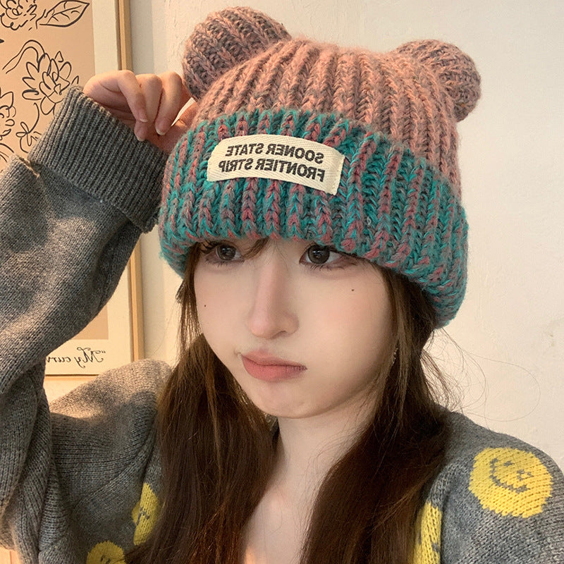 Mixed-Colour Knitted Earmuffs Women's Hat