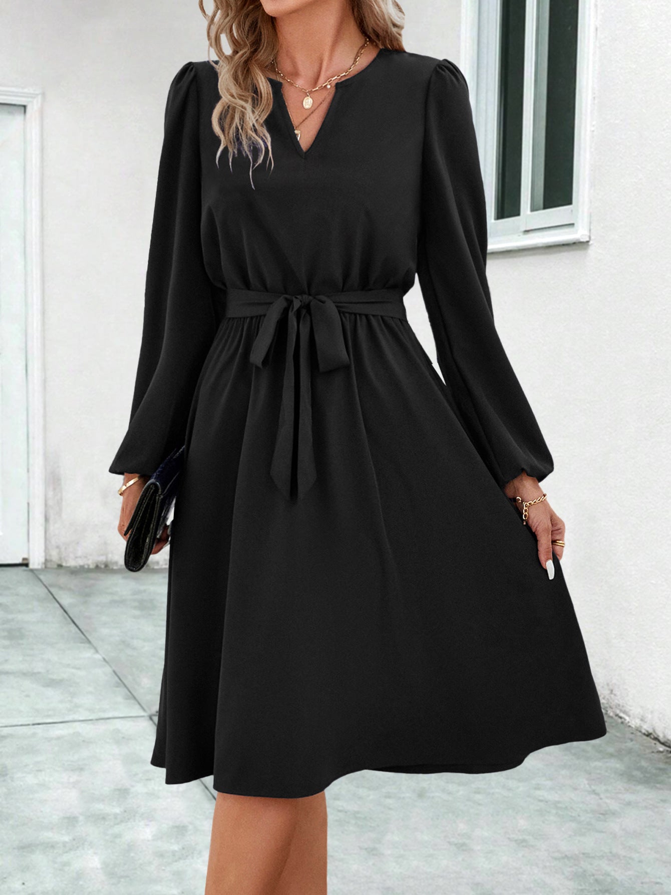 European & American Style Long-Sleeve Small V-Neck Lace-Up Dress