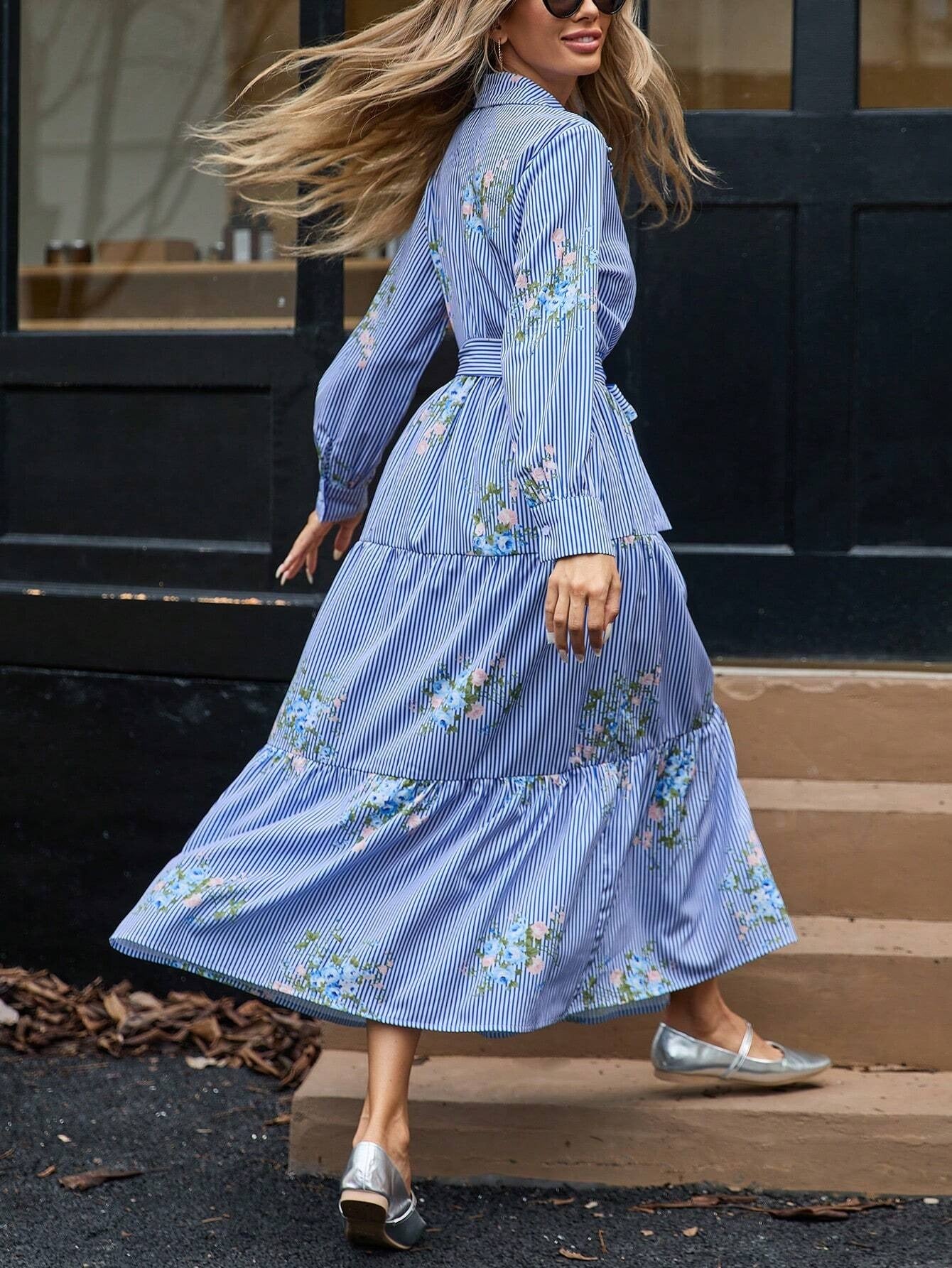 Flower Striped Printed Long Sleeved Shirt Dress