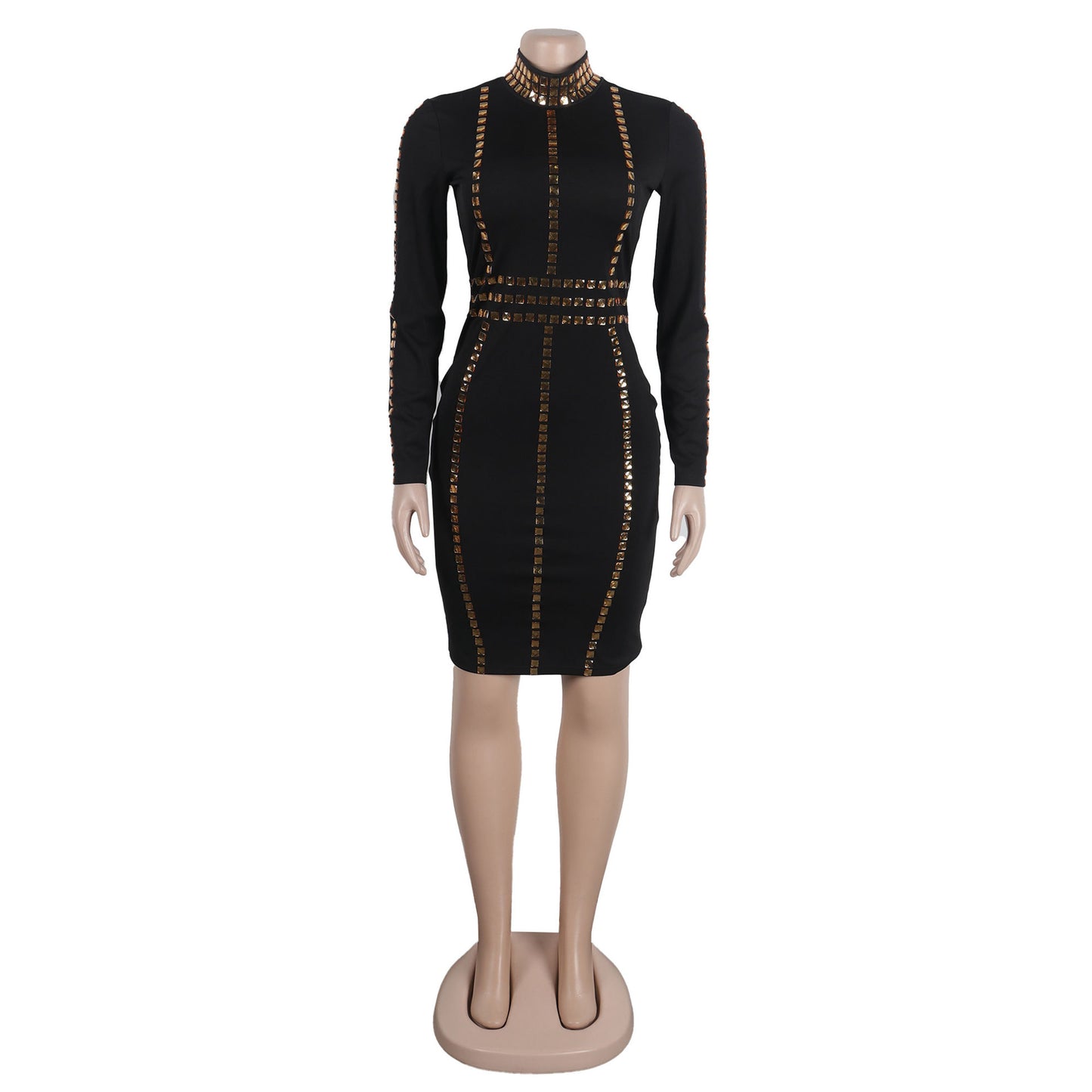 Tight Slim-Fit Rhinestone Stretch Midi Dress
