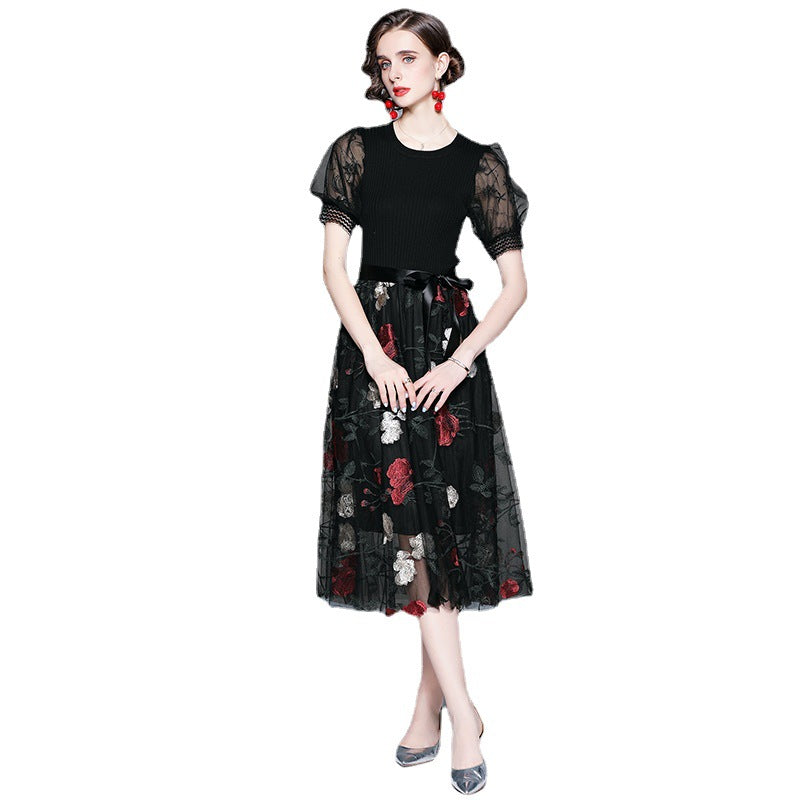 Bubble-Sleeve Knitted Stitching Black Mesh Embroidery Swing Dress