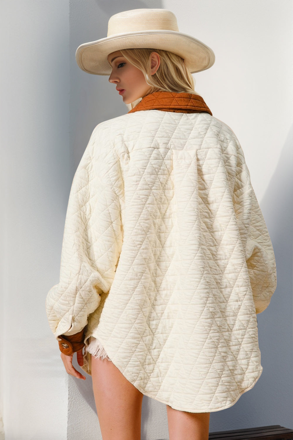 Full-Size Contrast Button-Up Quilted Shacket - US Only