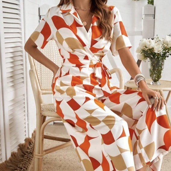 Geometric Printed Lace-Up Shirt Jumpsuit - US Only