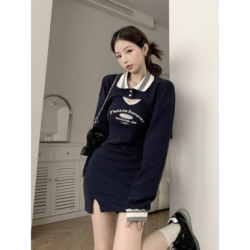 Long-Sleeve Loose Polo-Collar Sweater Dress - Two-Piece Set Option Available