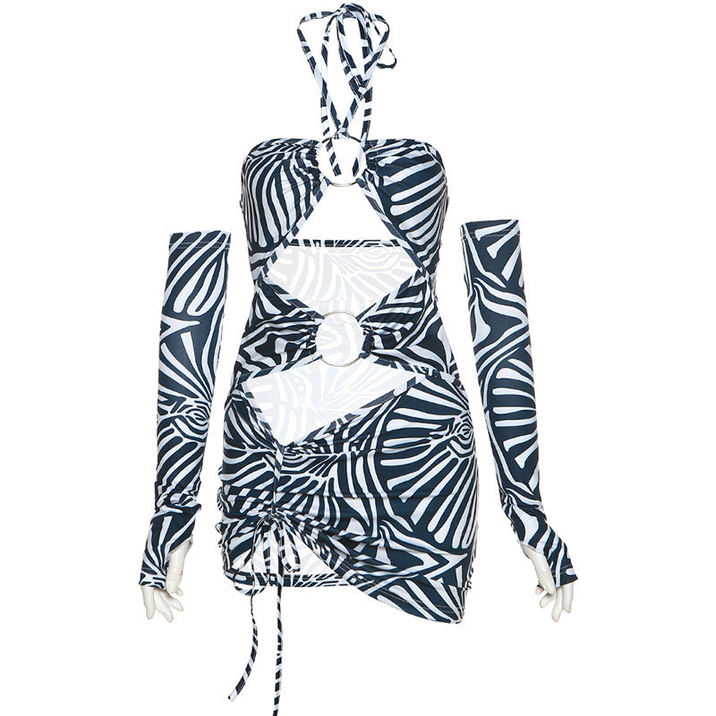 New Fashion Halter Hollow-Out Printed Slim-Fit Sheath Dress