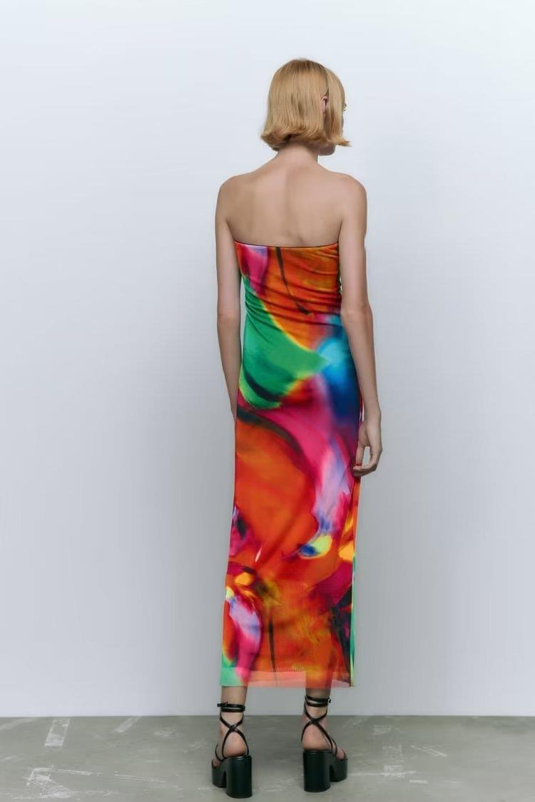 Bandeau Slim-Fit Printed Silk Net Dress
