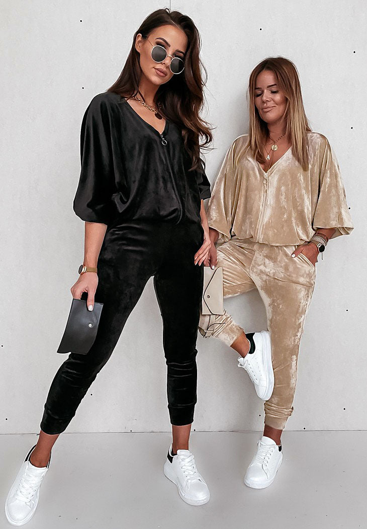 New*****!!! - Gold Velvet Long-Sleeved Trousers for Women - Solid Colour