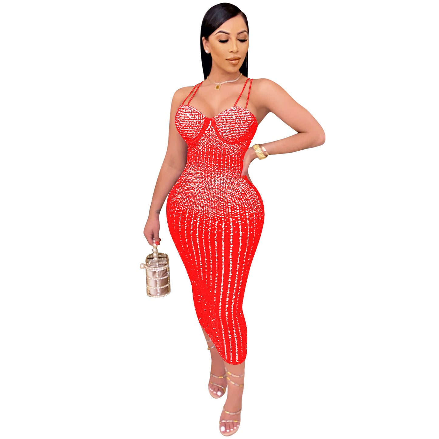 Women's Yarn See-Through Rhinestone Strap Dress