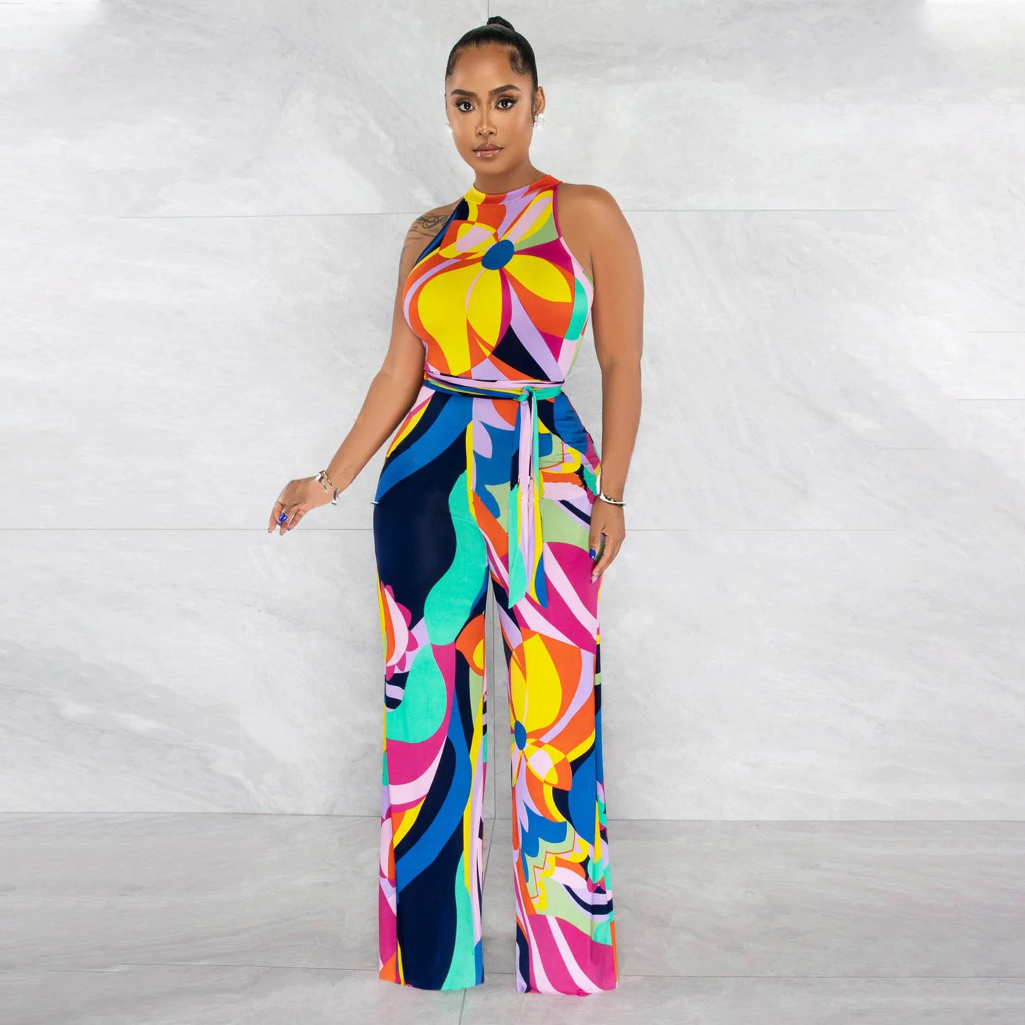 Women's Printed Sleeveless Lace-Up Jumpsuit