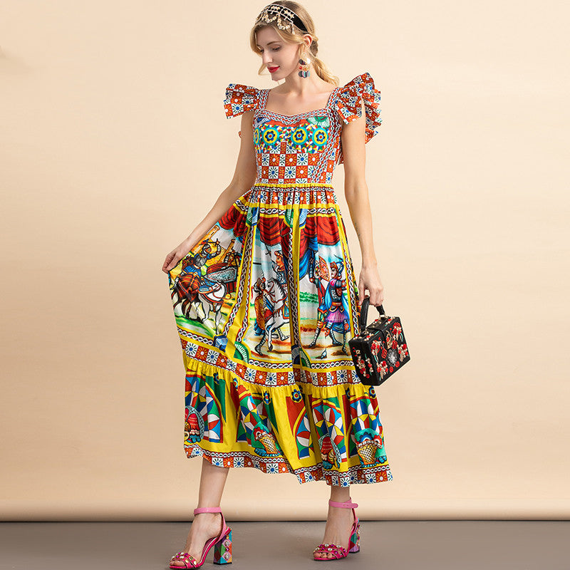 Flying-Sleeve Warrior Print Cotton Dress